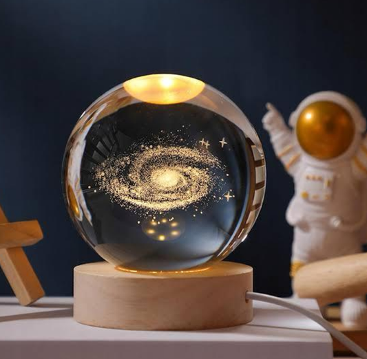 3D Galaxy Space Crystal Ball Night Light with Wooden LED Stand| Random Design