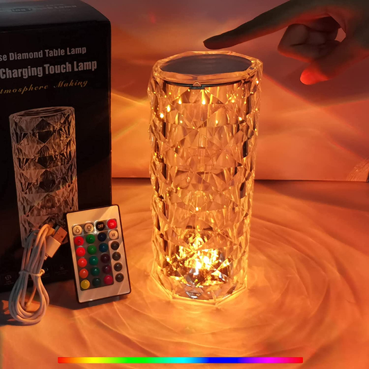 Decorative table lamp with remote control on a wooden surface